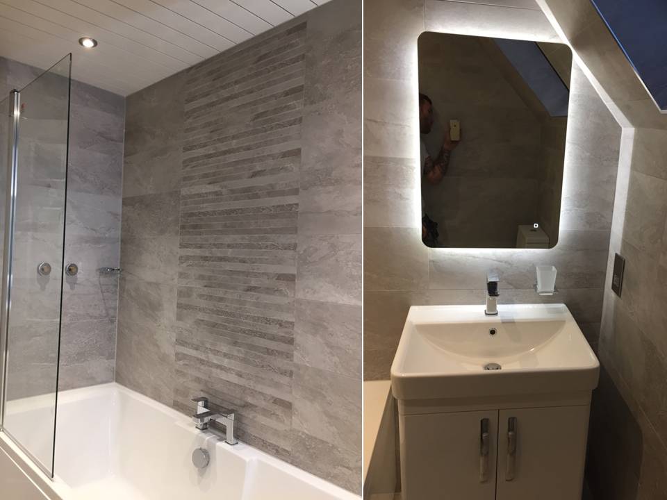 fitted bathroom with waterfall tiles and led mirror Gallery Image