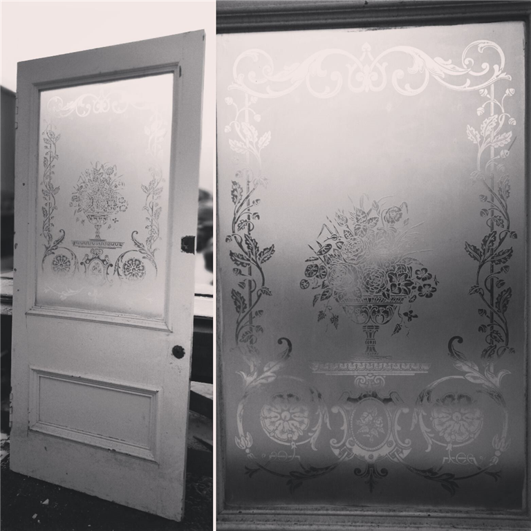 Decorative, original etched glass door. Gallery Image