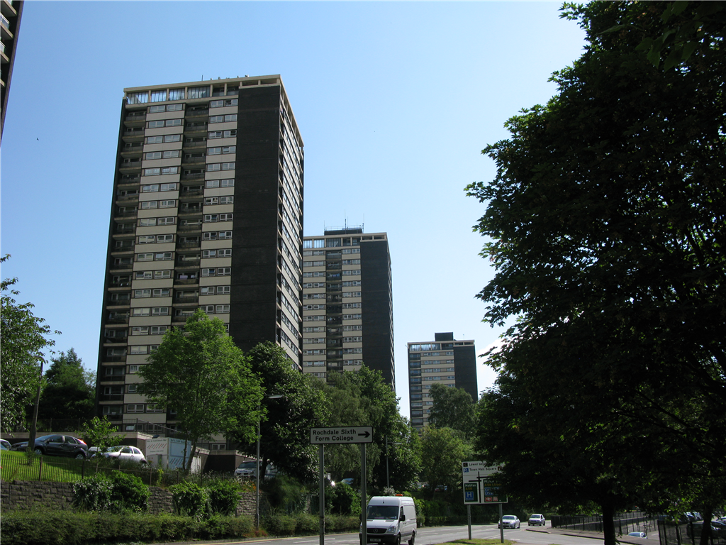 College bank tower blocks Rochdale. Treated with Isothane Tecnitherm cavity wall system. Gallery Image