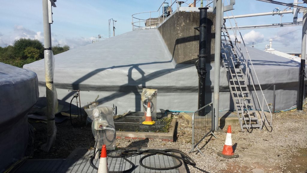 Anaerobic digestion tanks treated with foam and then 2 coats of silicone paint. Gallery Image