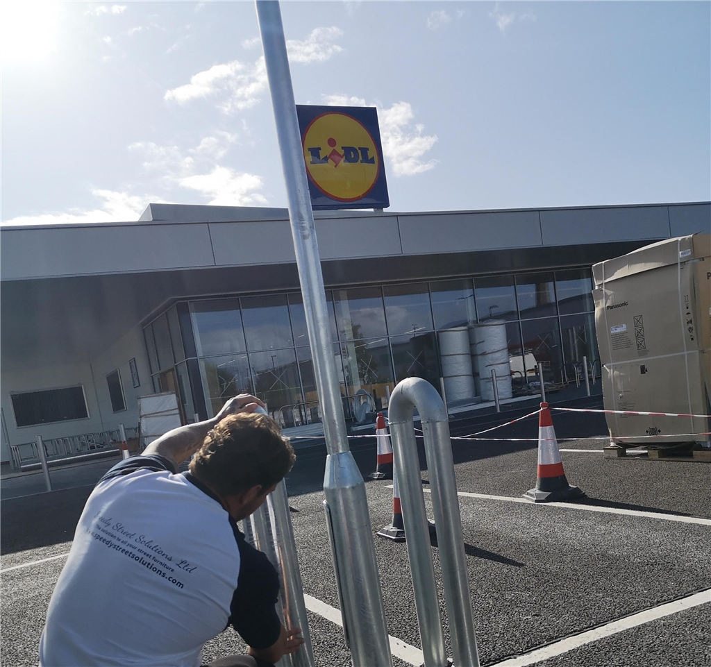 lamp post protectors manufactured and installed at Lidl York Gallery Image