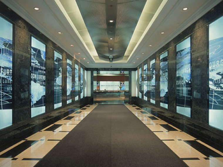 Large Glass Art feature, Etched and Sandblasted Glass, Back-lit feature, Monochrome Design, Office Entryway, Morgan Stanley, Canary Wharf, London Gallery Image