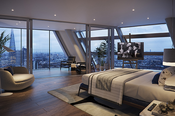 ©ArcMedia - Architectural Visualisation - Property Marketing CGI - Bedroom Visual with city views Gallery Image